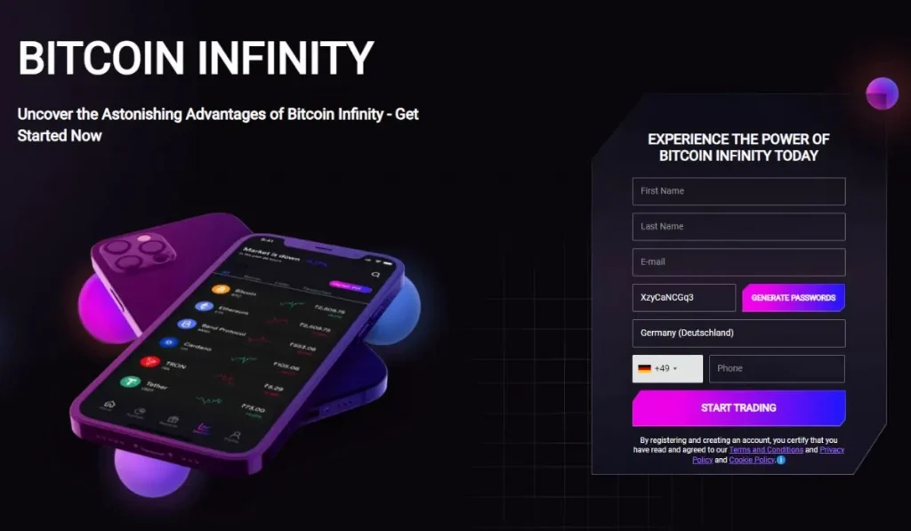 website interface for Bitcoin Infinity