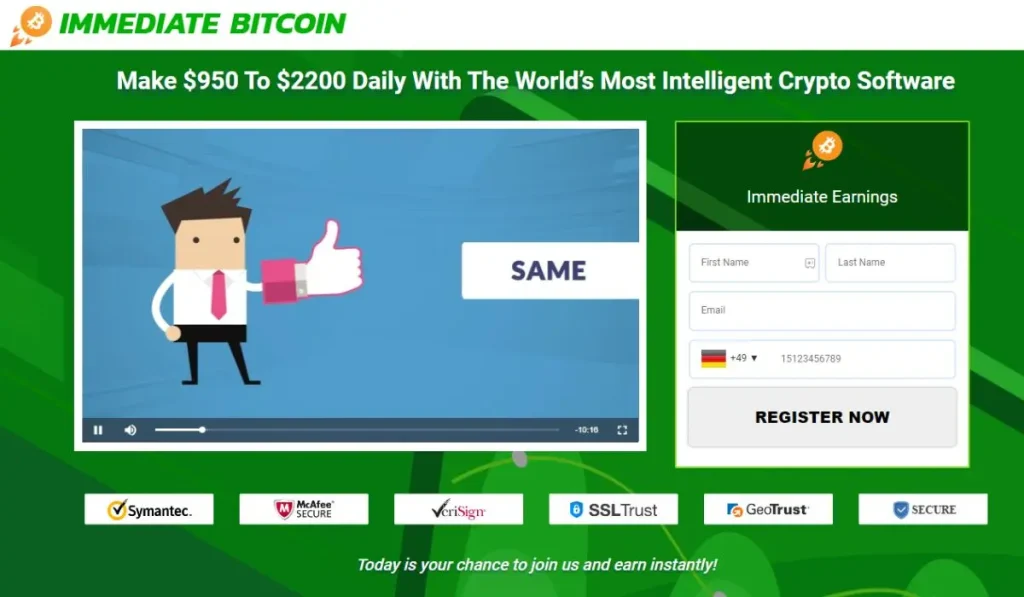 Immediate Bitcoin website interfafce