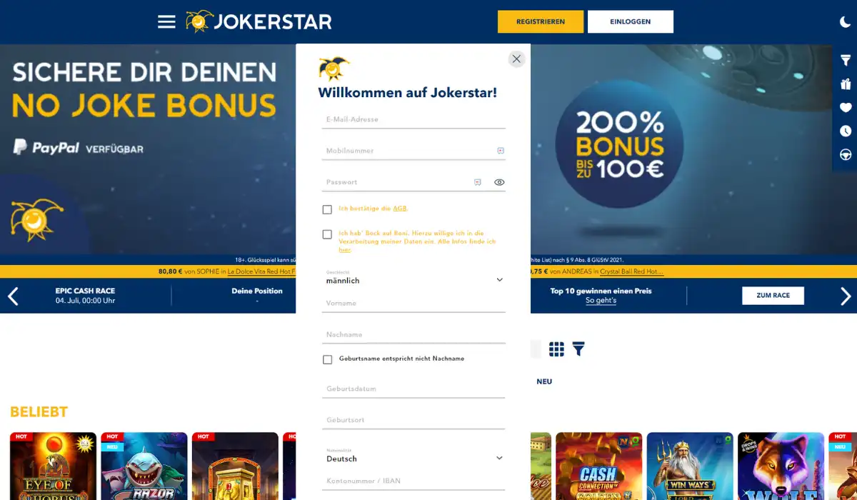 Jokerstar registrieren