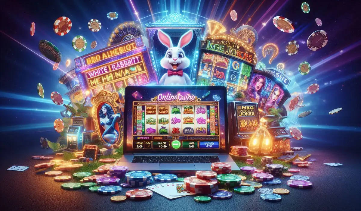 Eine lebendige Online-Casino-Szene mit einem Laptop, der die beliebtesten Slot-Spiele