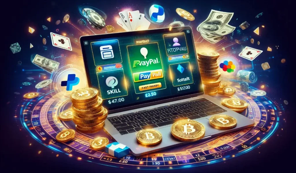 Nahaufnahme eines Laptops, der ein Online-Casino zeigt, mit Symbolen für Krypto-Wallets, PayPal, Skrill, Neteller und SOFORT, die die Zahlungsbequemlichkeit hervorheben.