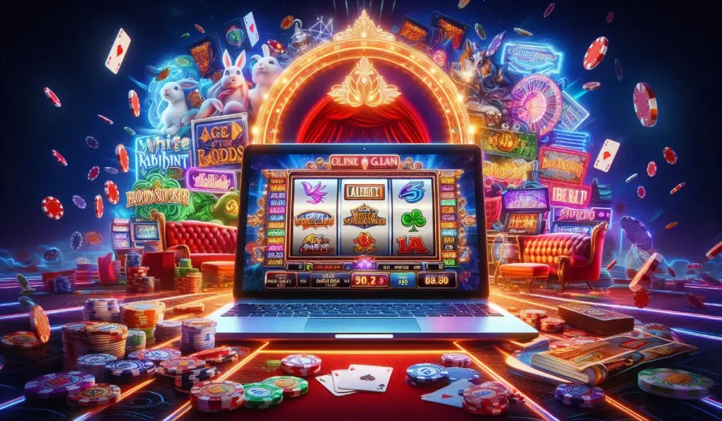 Ein Laptop zeigt eine Online-Casino-Oberfläche mit den besten Spielautomaten