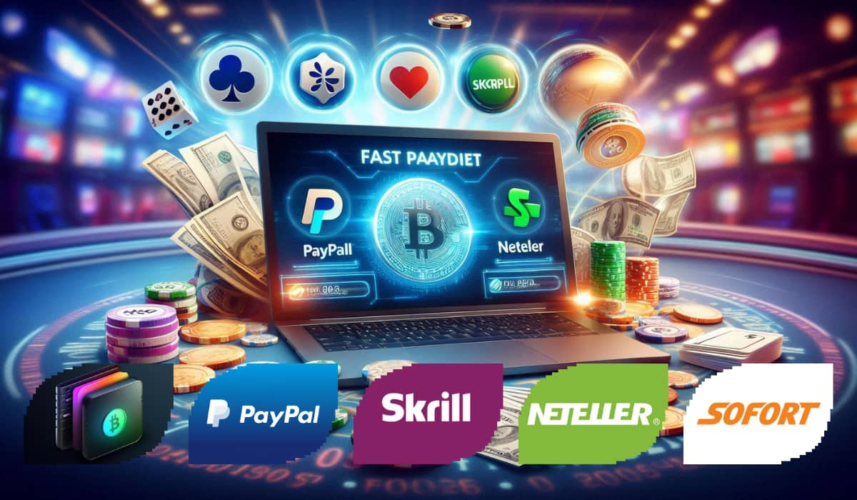 Laptop mit einer Online-Casino-Oberfläche, umgeben von Icons für Krypto-Wallets, PayPal, Skrill, Neteller und SOFORT, die schnelle Auszahlungen darstellen.