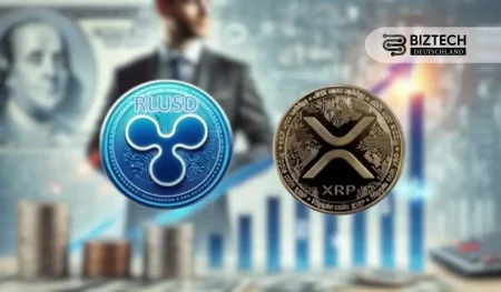 RLUSD und XRP-Münzen in einem futuristischen Hintergrund