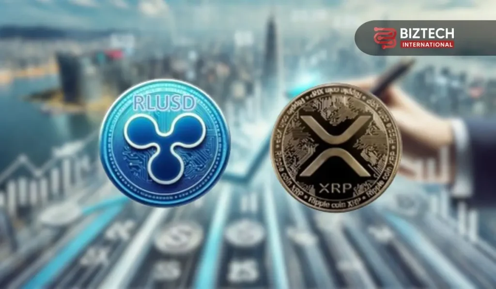 Monedas RLUSD y XRP en un fondo futurista