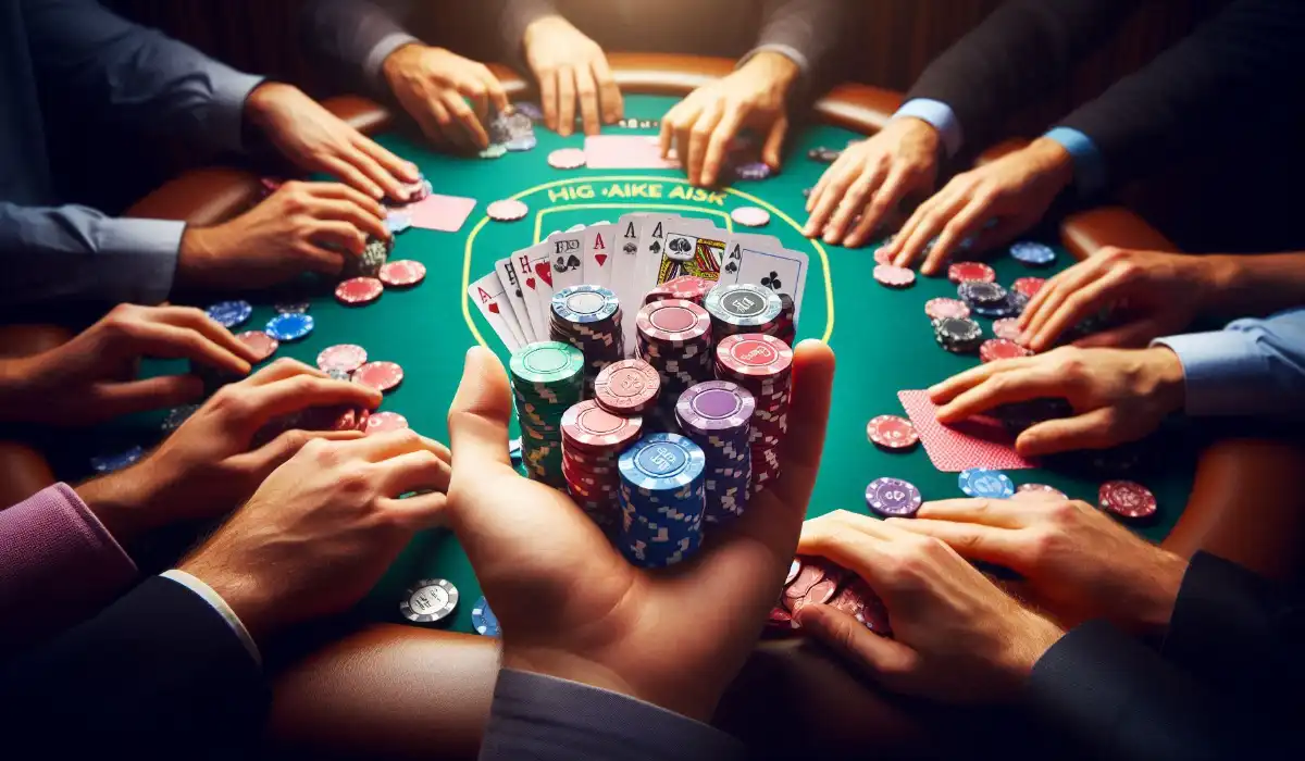 Tavolo da poker high-stakes con giocatori intensi