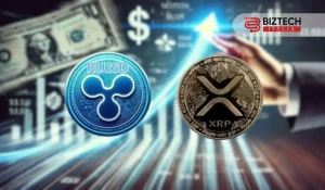 Monete RLUSD e XRP in uno sfondo futuristico