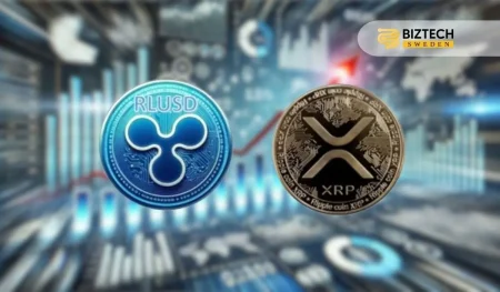 RLUSD- och XRP-mynt i en futuristisk bakgrund