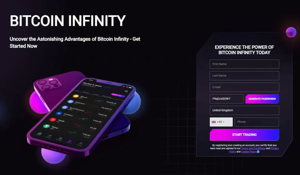 Website interface for Bitcoin Infinity