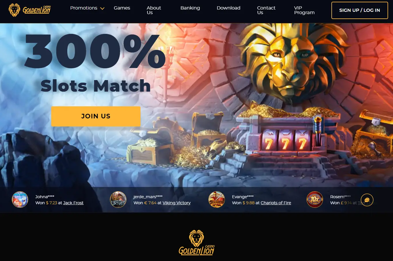 Golden Lion Casino homepage promoting a 300% welcome bonus.