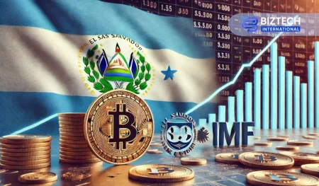 El Salvador Flag, Bitcoin Symbol And IMF Logo Representing Bitcoin Policy Changes For A Loan Agreement