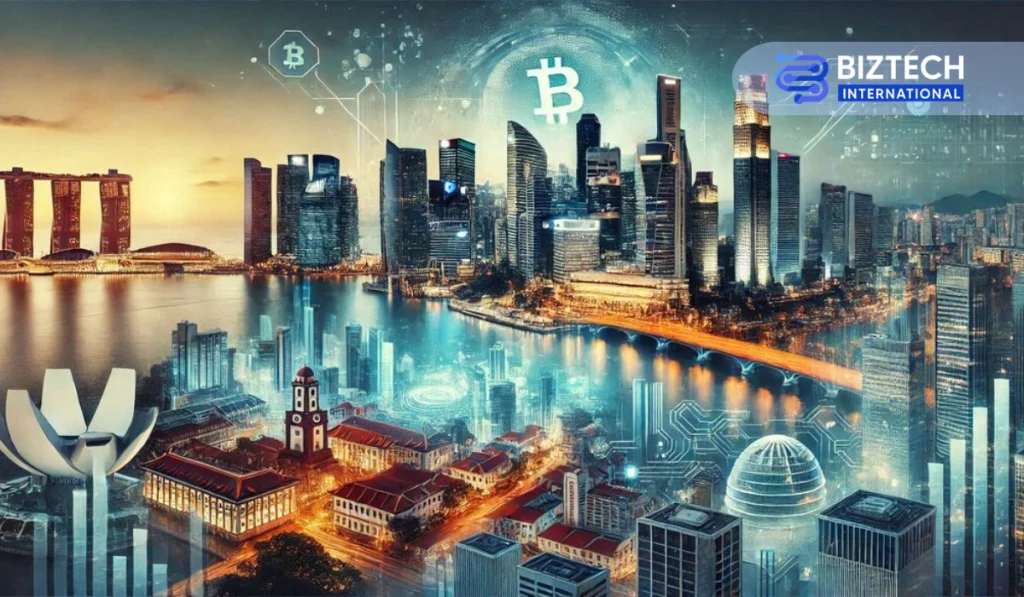 Cityscapes of Singapore and Hong Kong with digital blockchain elements, symbolizing the crypto hub competition